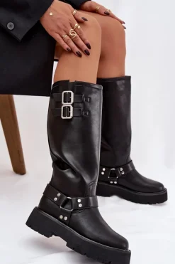 Skórzane Kozaki Damskie Z Klamrami Ocieplane Big Star OO274A180 Czarne