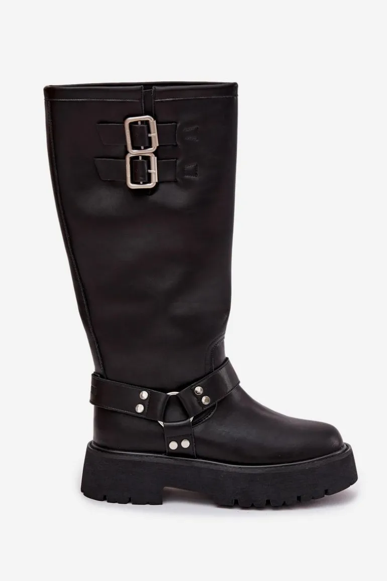 Skórzane Kozaki Damskie Z Klamrami Ocieplane Big Star OO274A180 Czarne