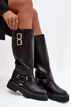 Skórzane Kozaki Damskie Z Klamrami Ocieplane Big Star OO274A180 Czarne