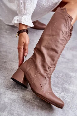 Skórzane Kozaki Do Kolana Ciemnobeżowe Andreia