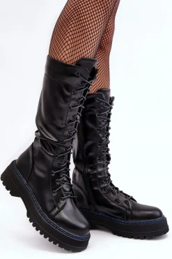 Skórzane Kozaki Glany Sznurowane Z Suwakiem Czarne Zoraida