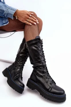 Skórzane Kozaki Glany Sznurowane Z Suwakiem Czarne Zoraida