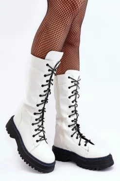Skórzane Kozaki Glany Sznurowane Z Suwakiem Białe Zoraida
