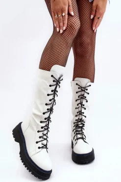 Skórzane Kozaki Glany Sznurowane Z Suwakiem Białe Zoraida