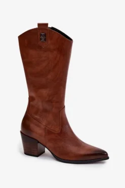 Skórzane Kozaki Kowbojki Na Obcasie Ocieplane Zazoo 70155 Brązowe