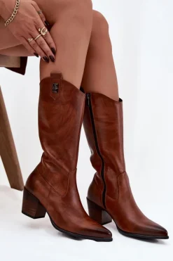 Skórzane Kozaki Kowbojki Na Obcasie Ocieplane Zazoo 70155 Brązowe