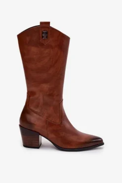 Skórzane Kozaki Kowbojki Na Obcasie Ocieplane Zazoo 70155 Brązowe