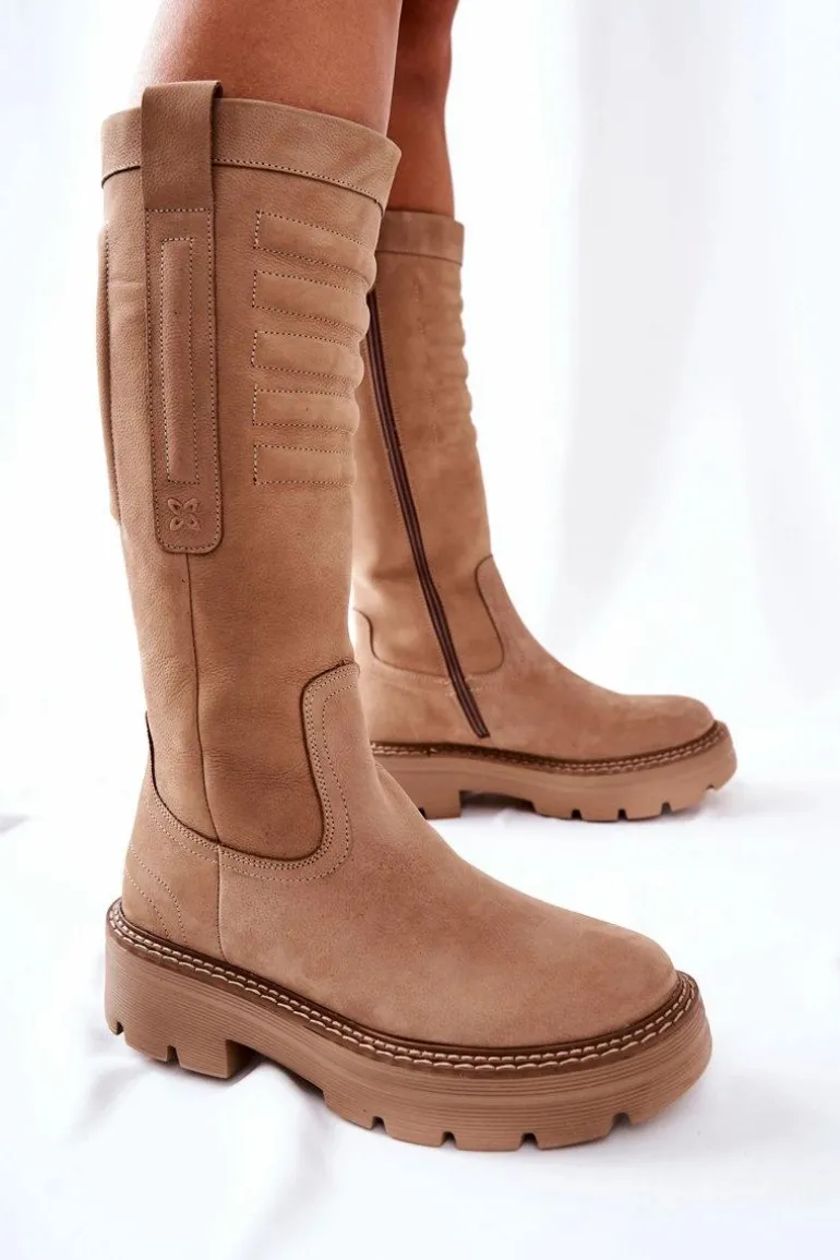 Skórzane Kozaki Maciejka Beżowe 05277-04