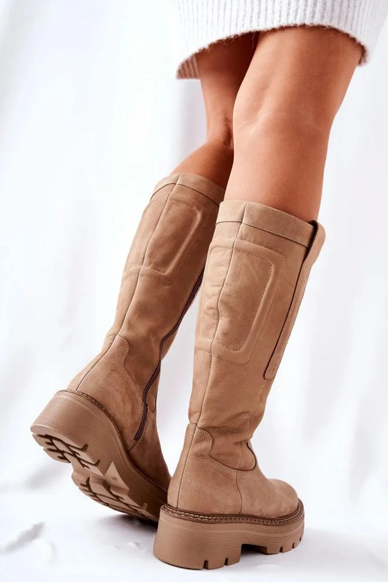 Skórzane Kozaki Maciejka Beżowe 05277-04