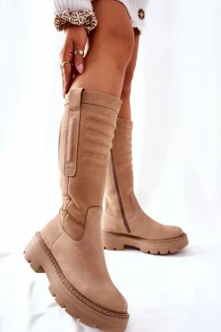 Skórzane Kozaki Maciejka Beżowe 05277-04