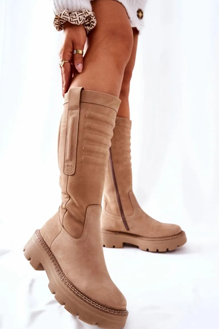 Skórzane Kozaki Maciejka Beżowe 05277-04