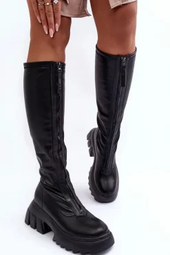 Skórzane Kozaki Na Masywnej Platformie Z Suwakiem Czarne Ringo