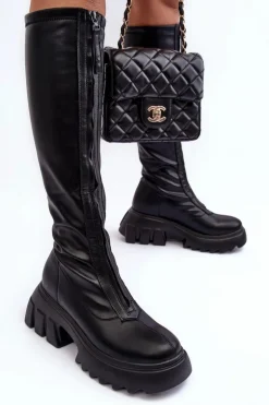 Skórzane Kozaki Na Masywnej Platformie Z Suwakiem Czarne Ringo