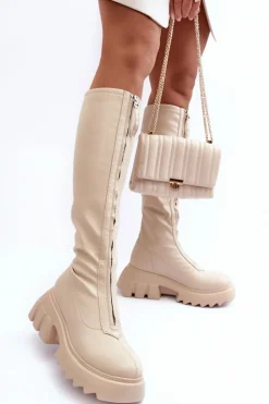 Skórzane Kozaki Na Masywnej Platformie Z Suwakiem Beżowe Ringo