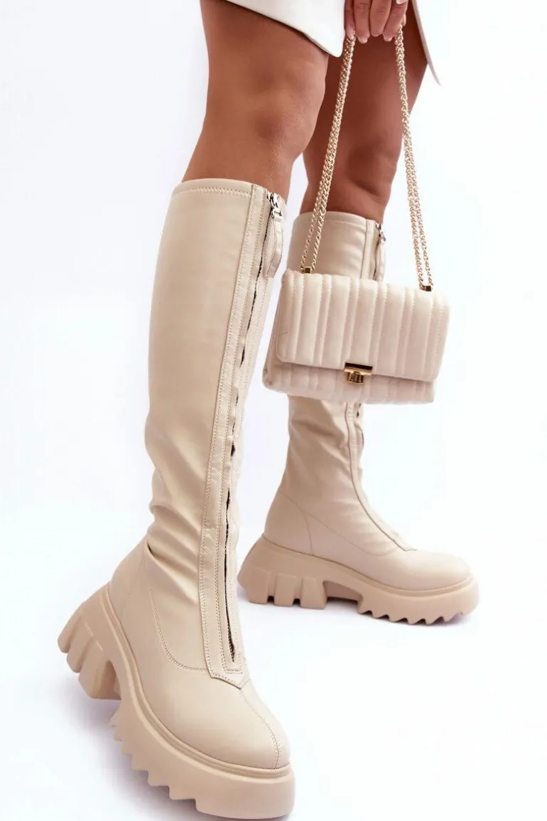 Skórzane Kozaki Na Masywnej Platformie Z Suwakiem Beżowe Ringo