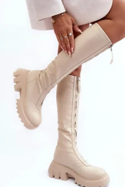 Skórzane Kozaki Na Masywnej Platformie Z Suwakiem Beżowe Ringo