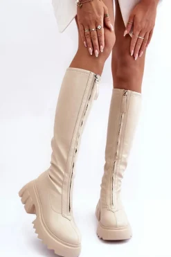 Skórzane Kozaki Na Masywnej Platformie Z Suwakiem Beżowe Ringo