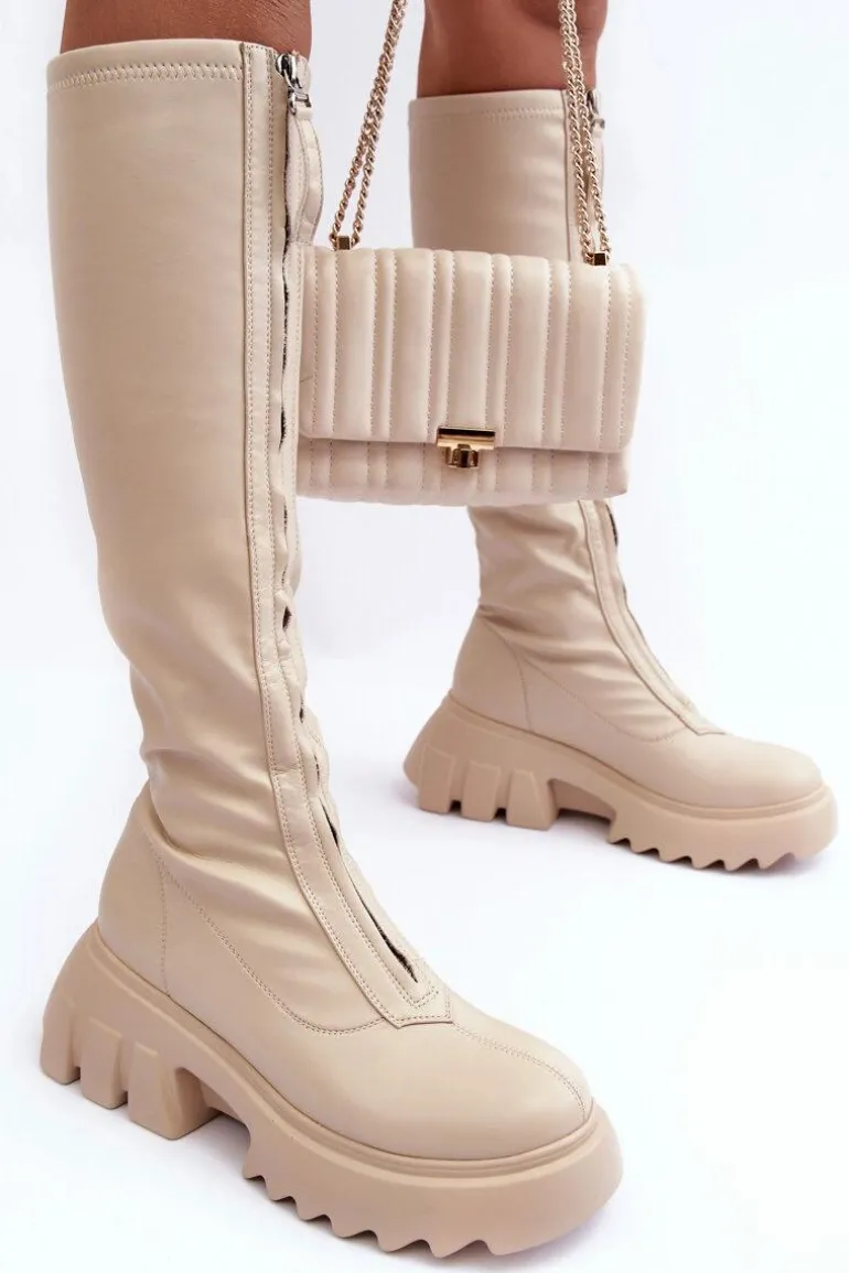 Skórzane Kozaki Na Masywnej Platformie Z Suwakiem Beżowe Ringo