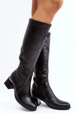 Skórzane Kozaki Na Niskim Obcasie Przed Kolano Czarne Cersaina