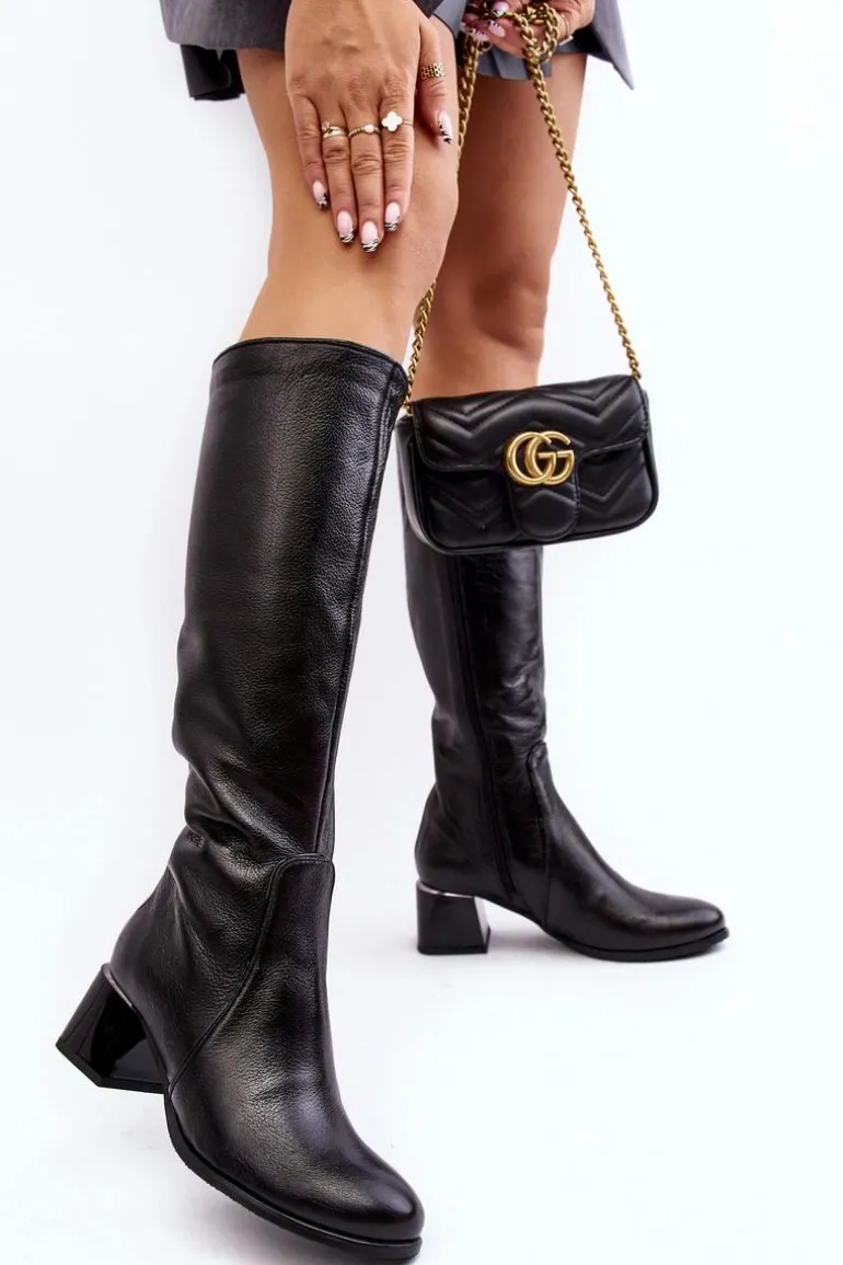 Skórzane Kozaki Na Niskim Obcasie Przed Kolano Czarne Cersaina