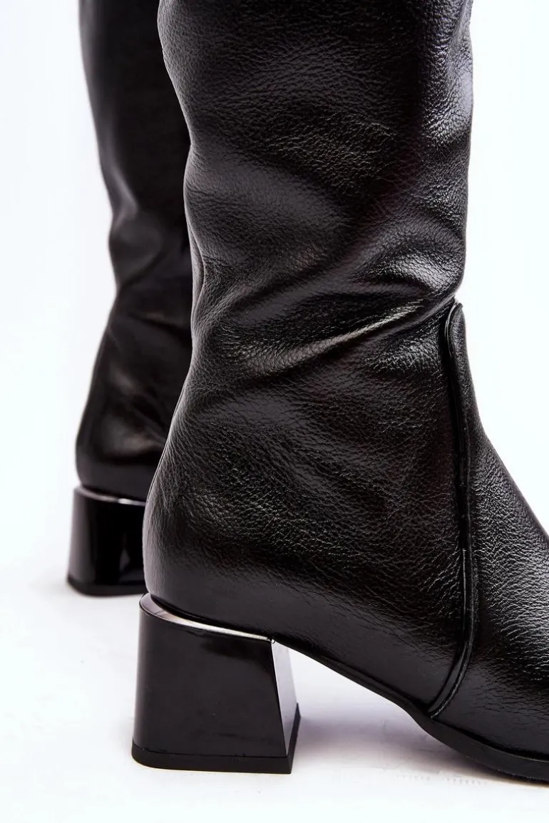 Skórzane Kozaki Na Niskim Obcasie Przed Kolano Czarne Cersaina