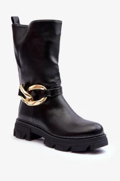 Skórzane Kozaki Na Płaskim Obcasie Czarne Diominna