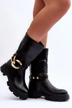 Skórzane Kozaki Na Płaskim Obcasie Czarne Diominna