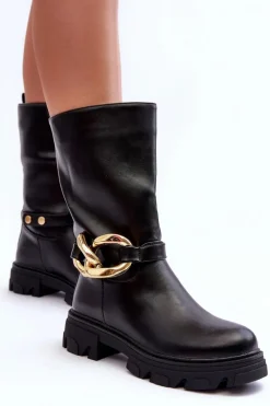 Skórzane Kozaki Na Płaskim Obcasie Czarne Diominna