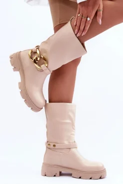 Skórzane Kozaki Na Płaskim Obcasie Beżowe Diominna