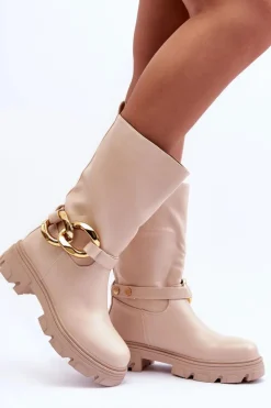 Skórzane Kozaki Na Płaskim Obcasie Beżowe Diominna