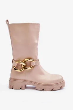 Skórzane Kozaki Na Płaskim Obcasie Beżowe Diominna