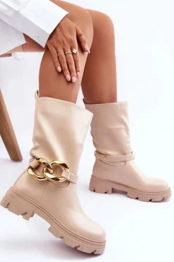 Skórzane Kozaki Na Płaskim Obcasie Beżowe Diominna