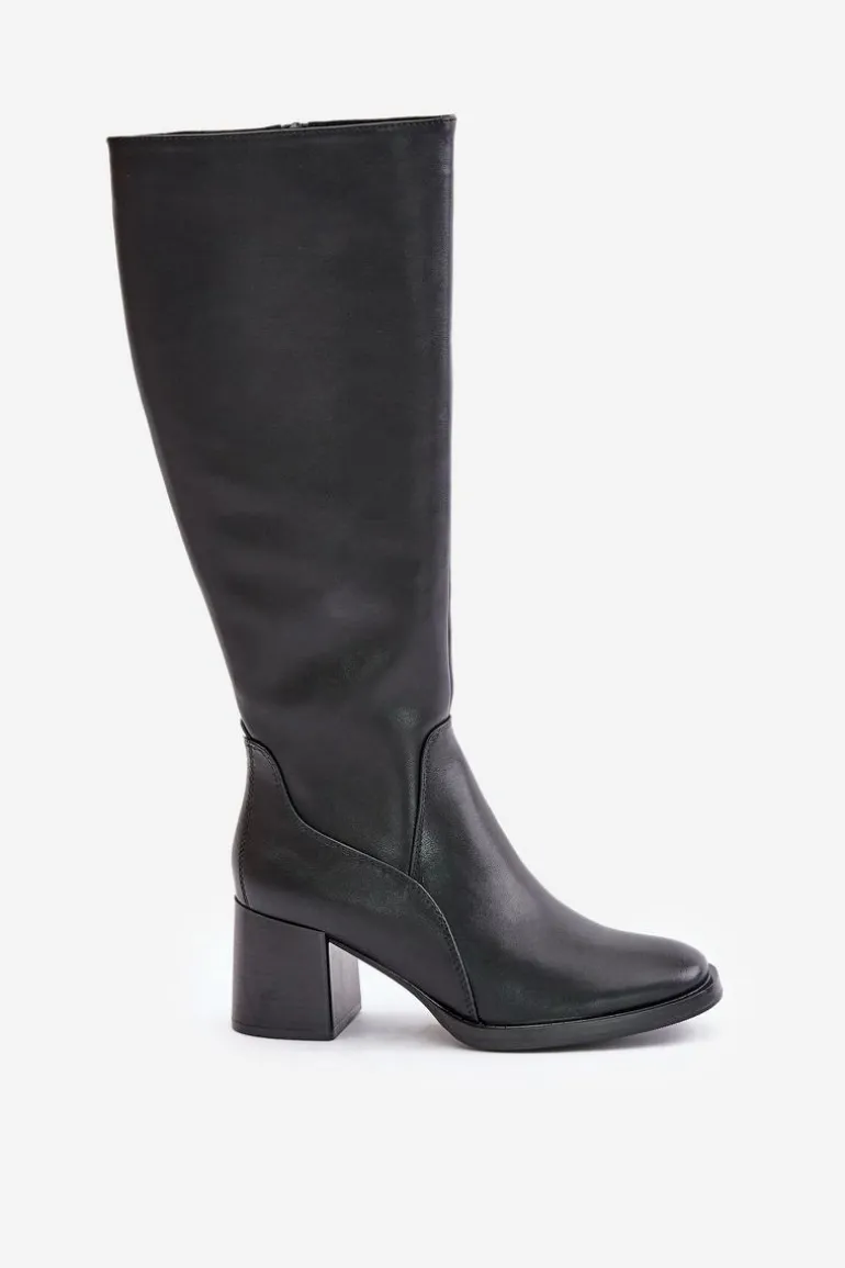 Skórzane Kozaki Na Słupku Przed Kolano Ocieplane Sergio Leone KZ231-S Czarne