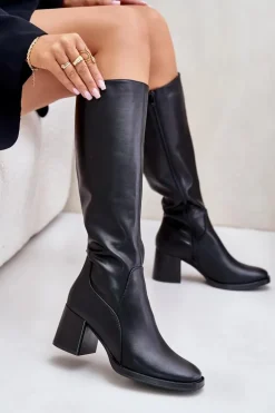 Skórzane Kozaki Na Słupku Przed Kolano Ocieplane Sergio Leone KZ231-S Czarne