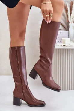 Skórzane Kozaki Na Słupku Przed Kolano Ocieplane Sergio Leone KZ231-S Brązowe