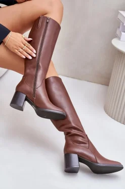 Skórzane Kozaki Na Słupku Przed Kolano Ocieplane Sergio Leone KZ231-S Brązowe