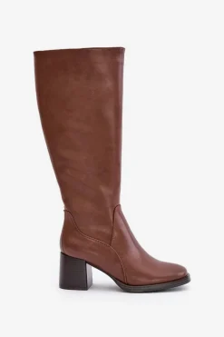 Skórzane Kozaki Na Słupku Przed Kolano Ocieplane Sergio Leone KZ231-S Brązowe