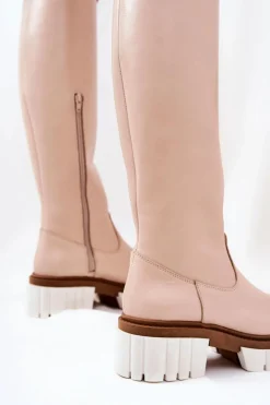 Skórzane Kozaki Na Suwak Beżowe Nellis