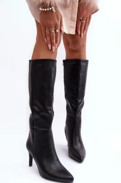 Skórzane Kozaki Na Szpilce Przed Kolano Czarne Serpens