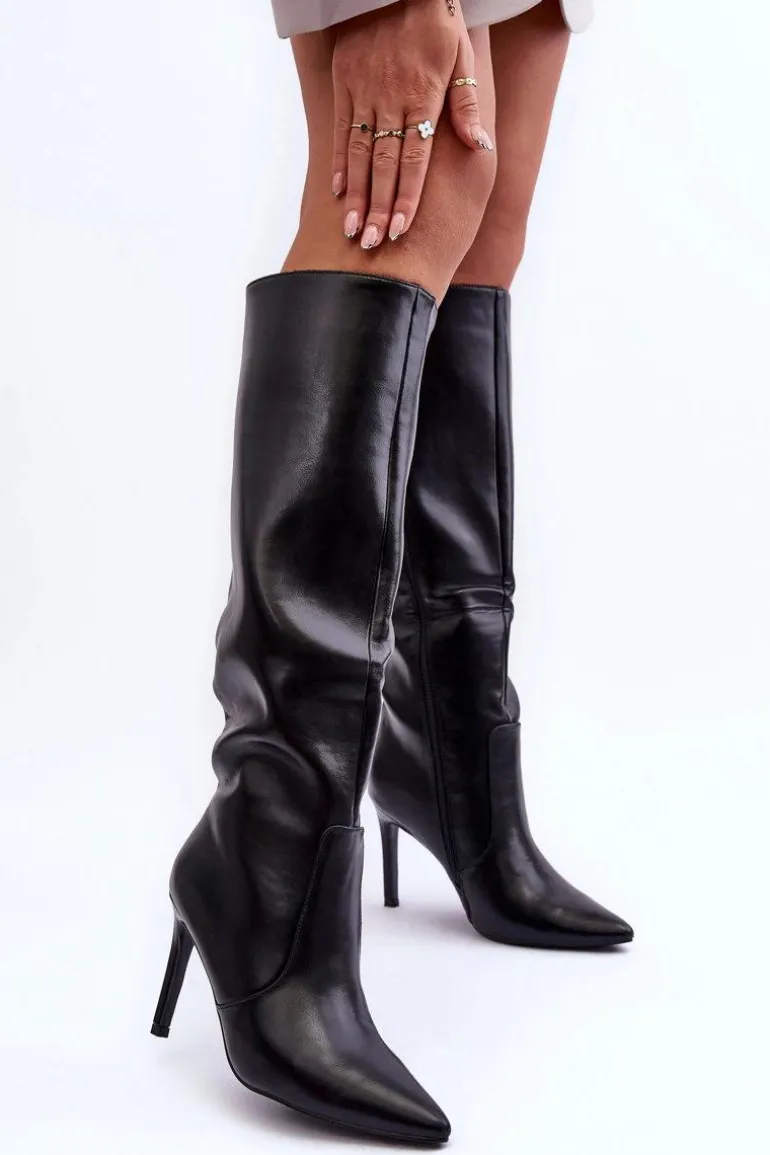 Skórzane Kozaki Na Szpilce Czarne Melisandra