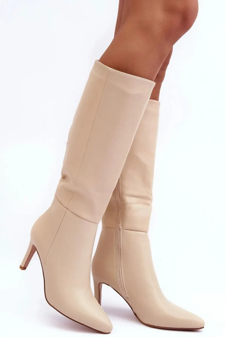 Skórzane Kozaki Na Szpilce Przed Kolano Beżowe Serpens