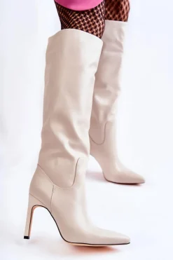 Skórzane Kozaki Na Szpilce Beżowe Rissa
