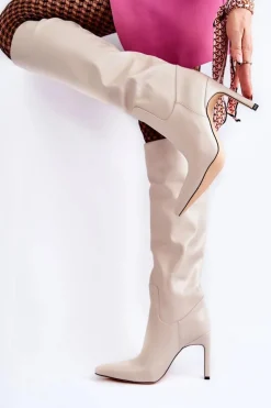 Skórzane Kozaki Na Szpilce Beżowe Rissa