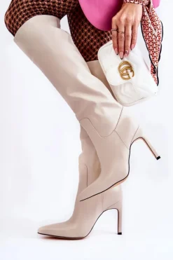 Skórzane Kozaki Na Szpilce Beżowe Rissa