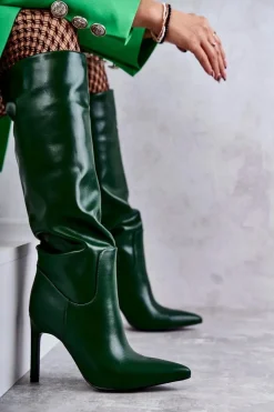 Skórzane Kozaki Na Szpilce Zielone Rissa
