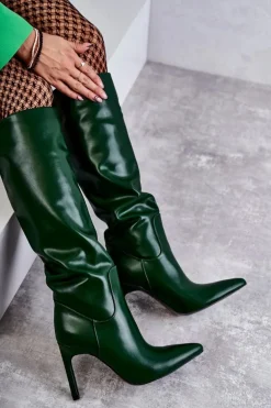 Skórzane Kozaki Na Szpilce Zielone Rissa