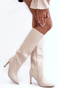 Skórzane Kozaki Na Szpilce Beżowe Melisandra