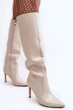 Skórzane Kozaki Na Szpilce Beżowe Melisandra