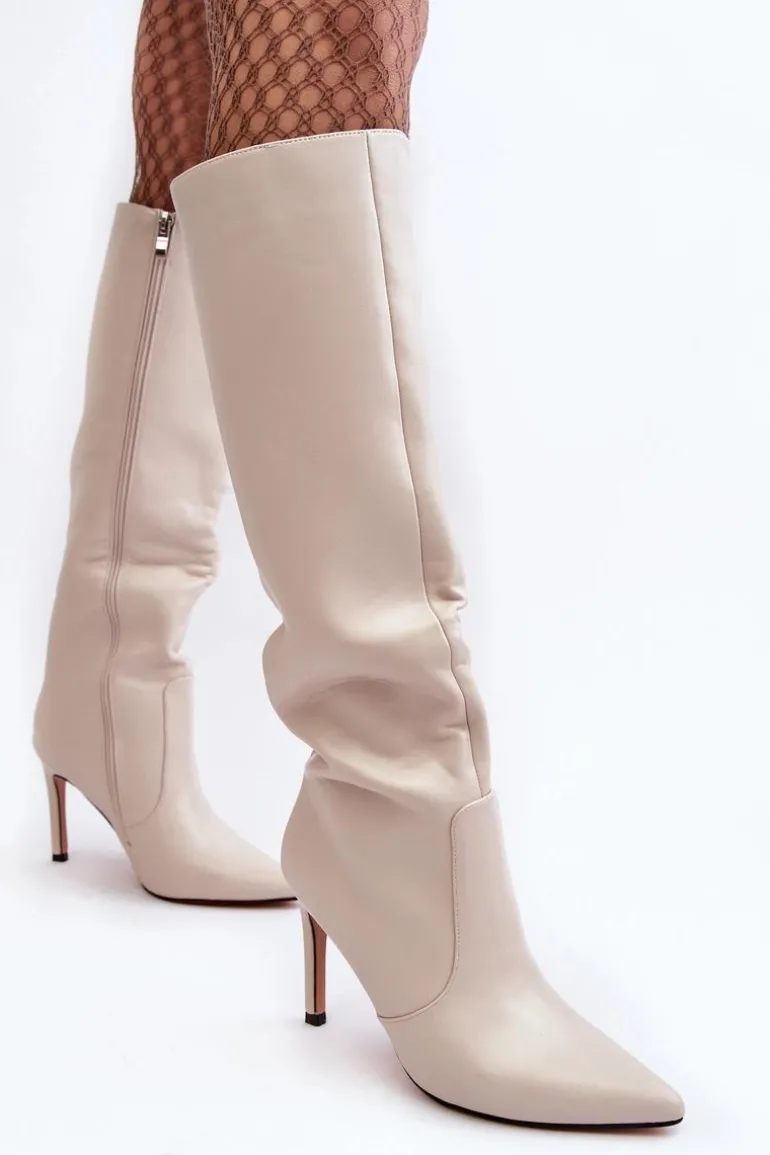 Skórzane Kozaki Na Szpilce Beżowe Melisandra