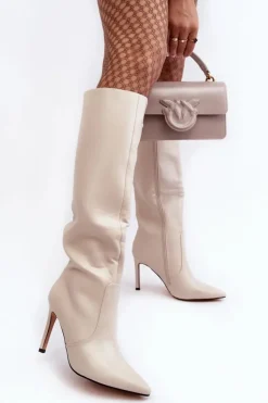 Skórzane Kozaki Na Szpilce Beżowe Melisandra